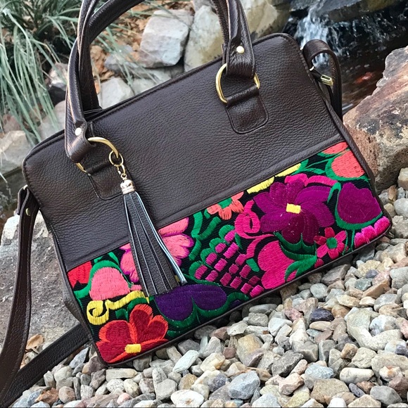 Handbags - Mexican leather Handbag-floral embroidery